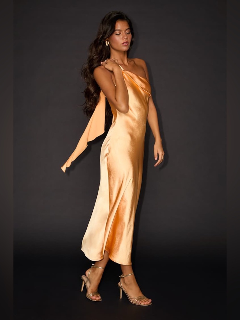 Lulu's Satin One-Shoulder Midi Dress in Champagne Gold - Picture 2 of 9